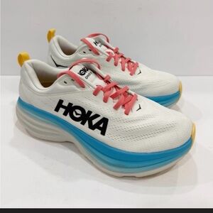 Hoka one Bondi White Sneakers with Blue Midsole and Pink Laces